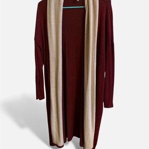 Emerald Women’s Burgundy Open Front Light Colored Panel Longline Cardigan, Sz M
